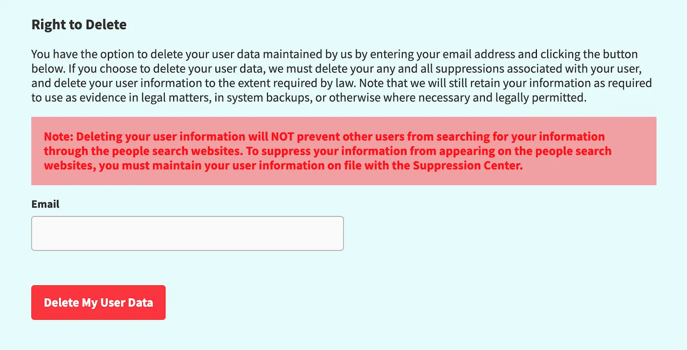 a web form on the TruthFinder website explaining that you have the right to delete your information with an email field to get started